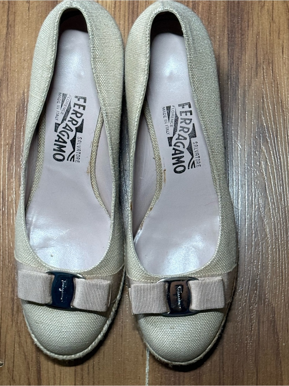 Salvatore Ferragamo Beige Canvas Espadrille Wedges